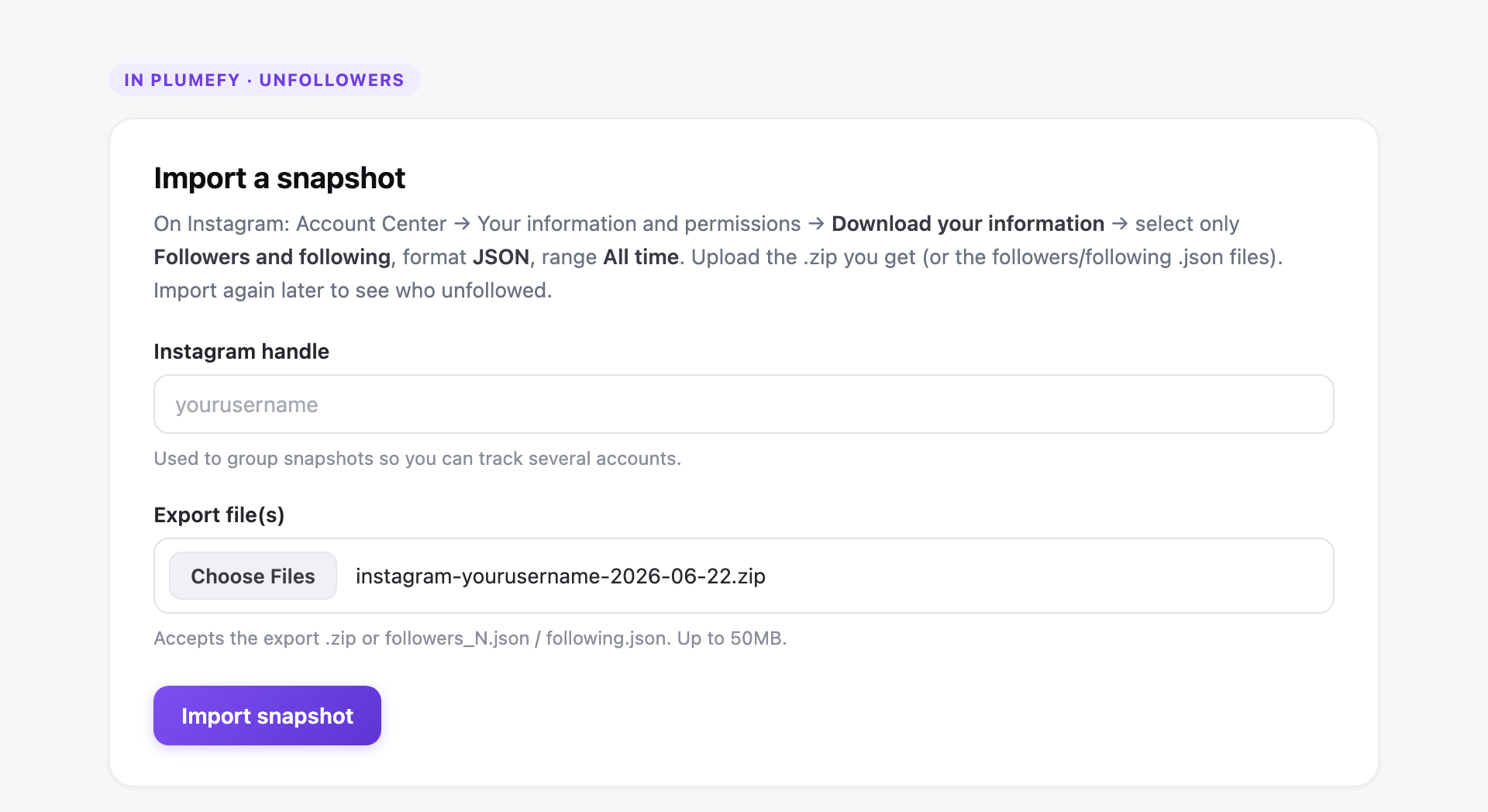 The Plumefy import screen where a user uploads their Instagram data export file to find unfollowers without a password.