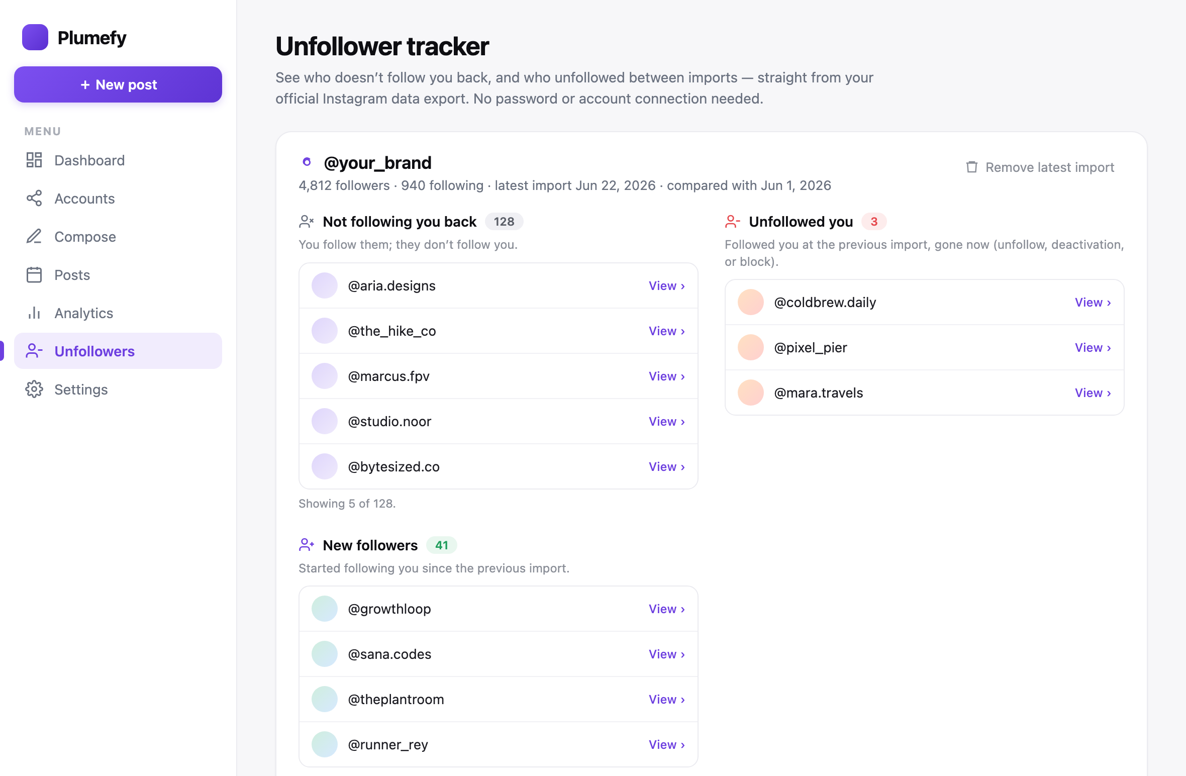The Plumefy results view showing a list of Instagram accounts that do not follow the user back.