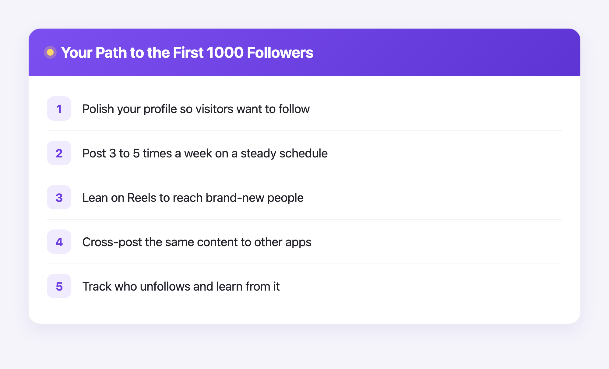 A five-step path showing how a beginner grows from zero to one thousand Instagram followers.