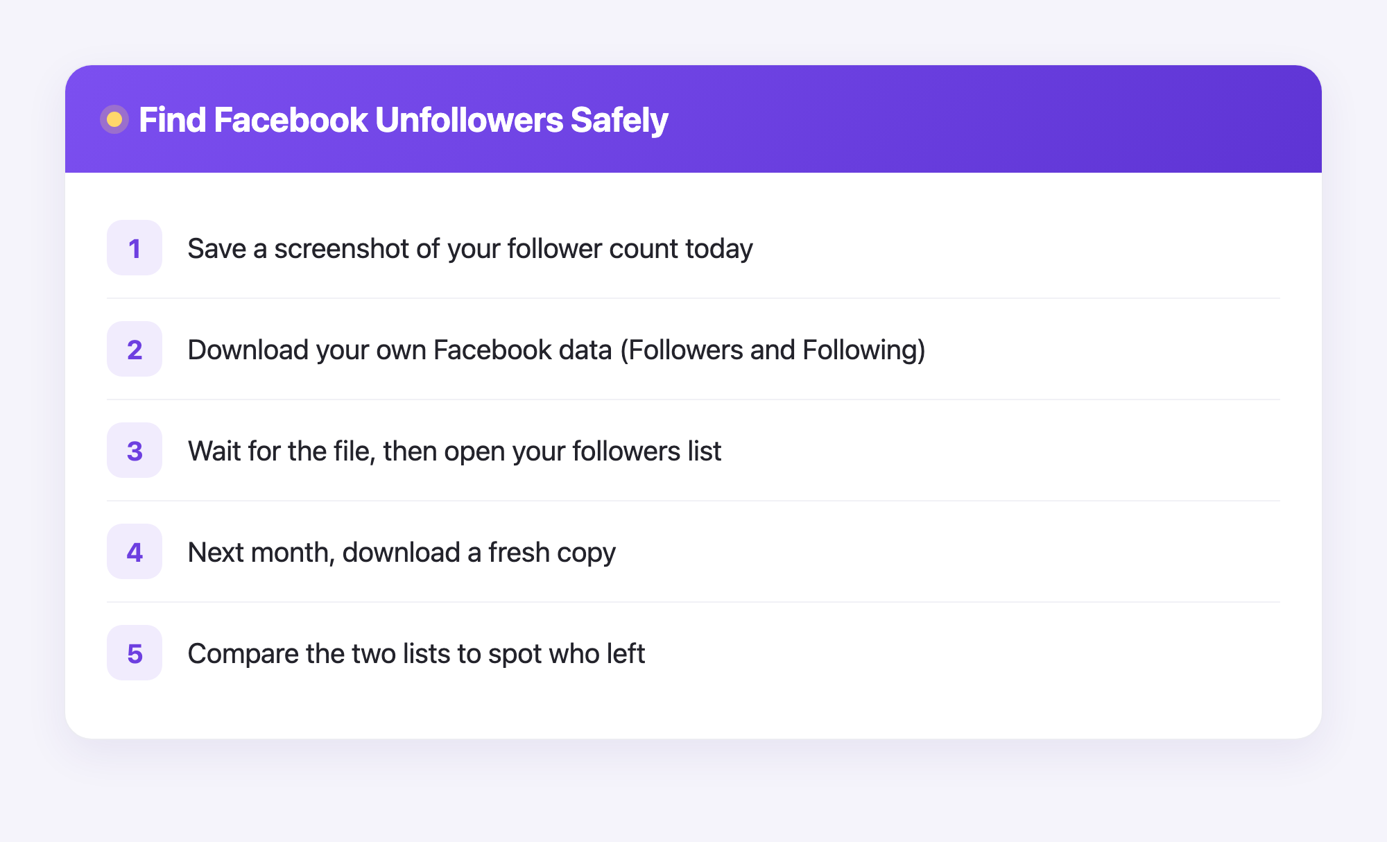 Five steps showing how to safely find Facebook unfollowers using your own data download