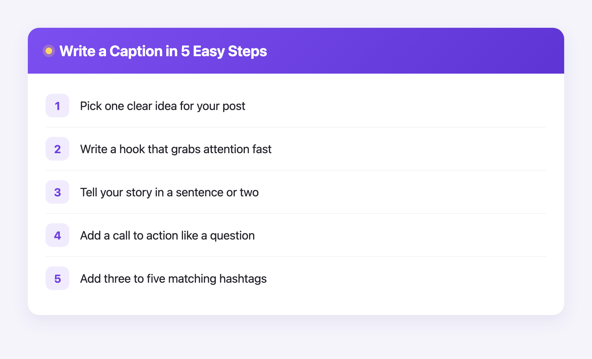 A five-step infographic showing how to write an Instagram caption from idea to hashtags