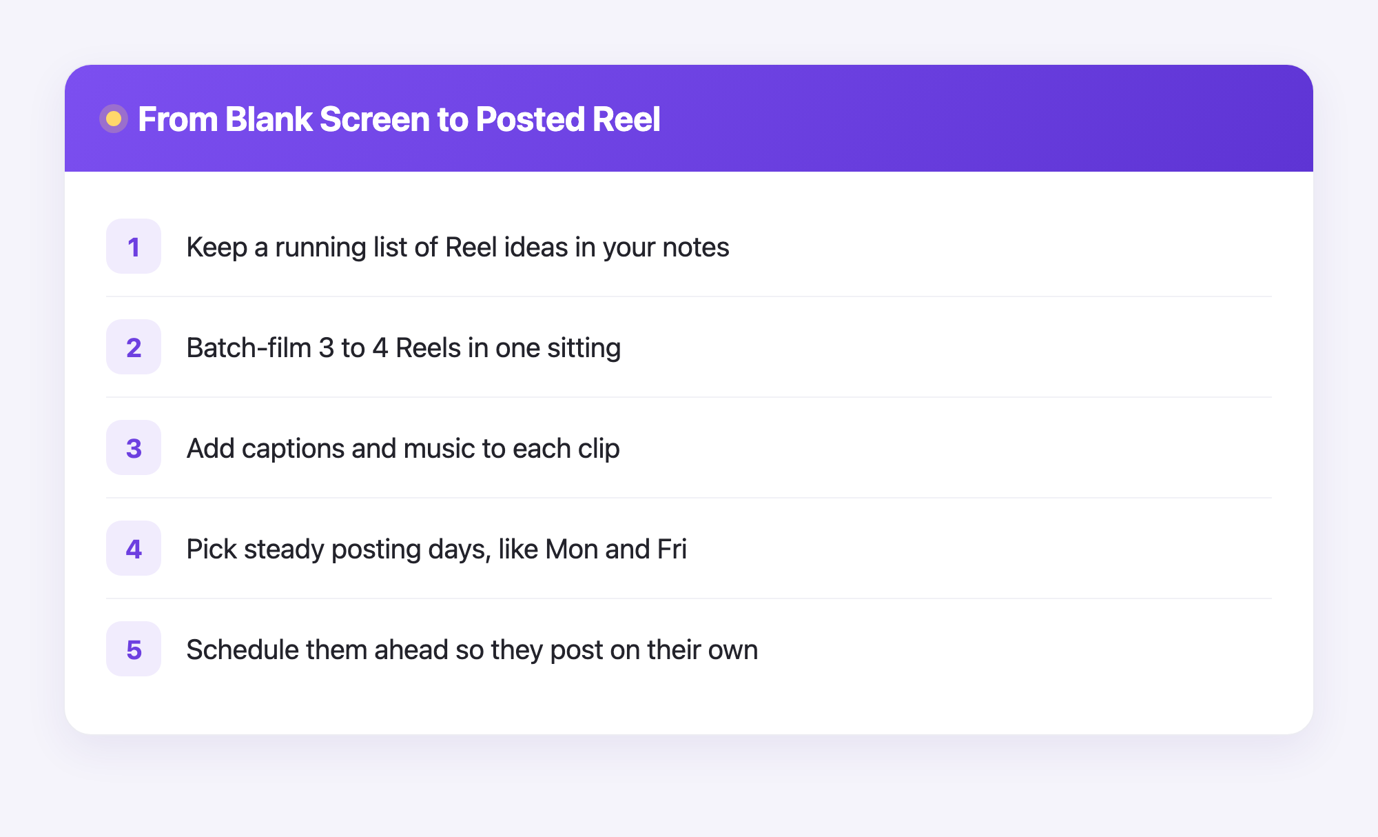 A five-step path showing how a beginner turns Reel ideas into scheduled posts