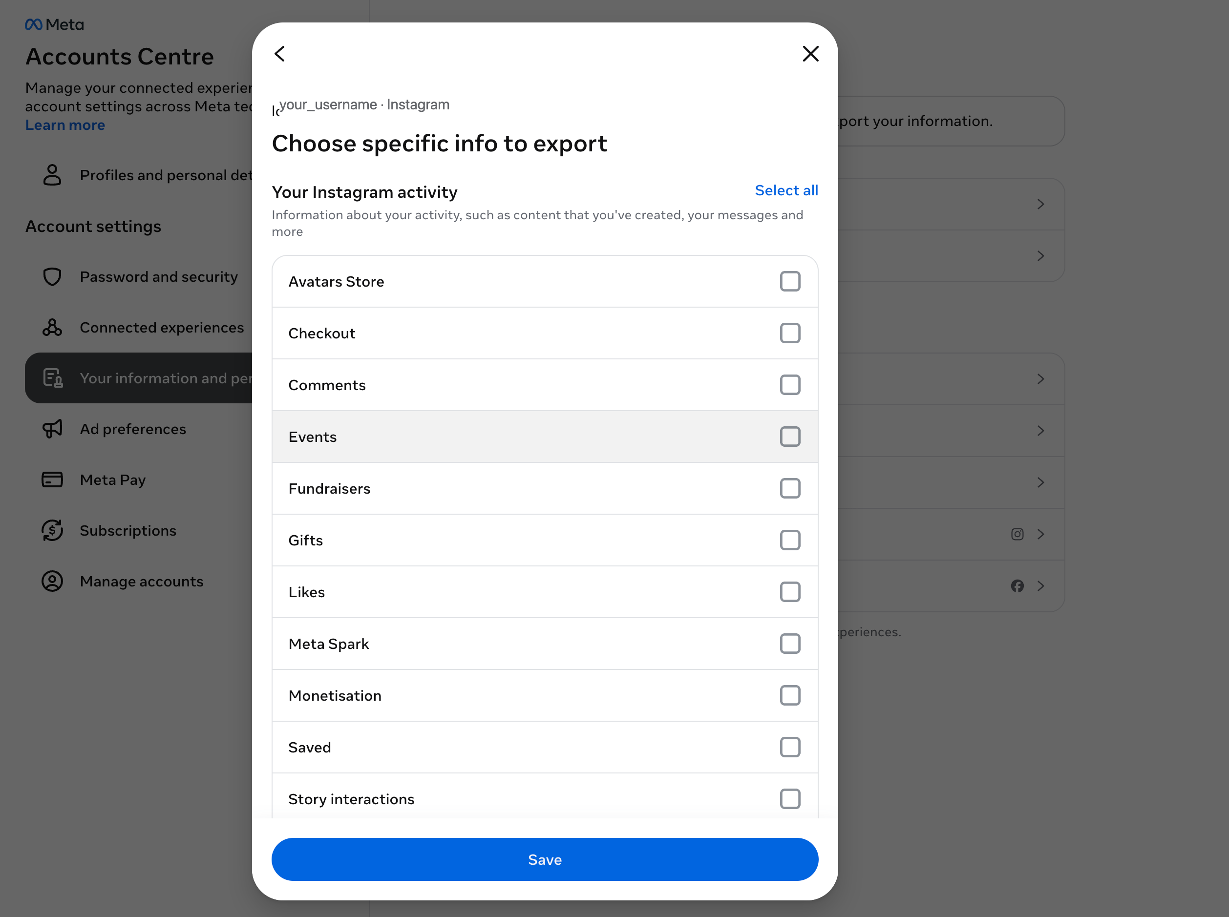 Instagram "Choose specific info to export" screen with the activity list left unchecked