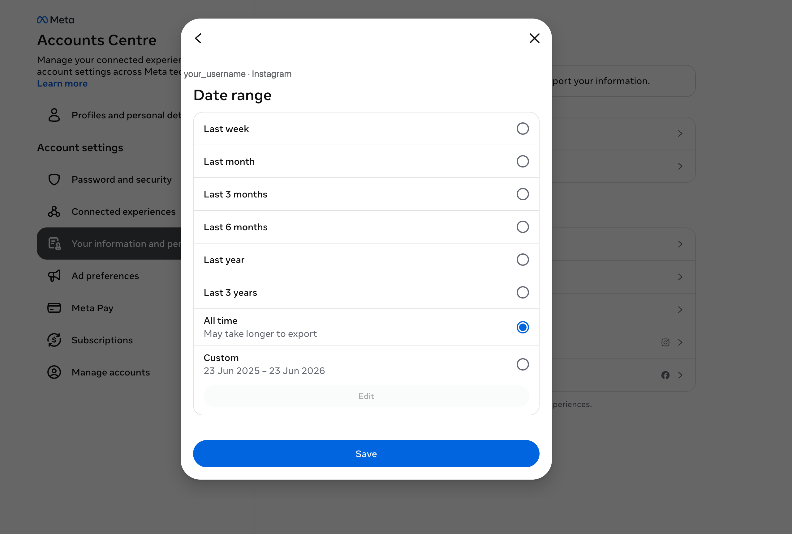 Instagram export date range screen with All time selected