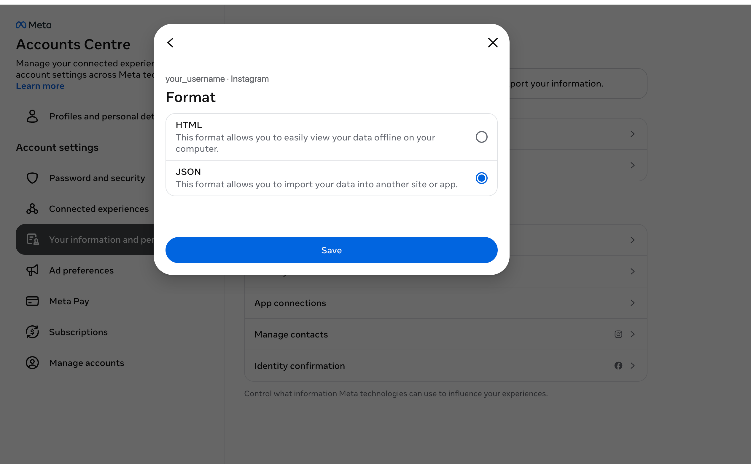 Instagram export format screen with JSON selected instead of HTML