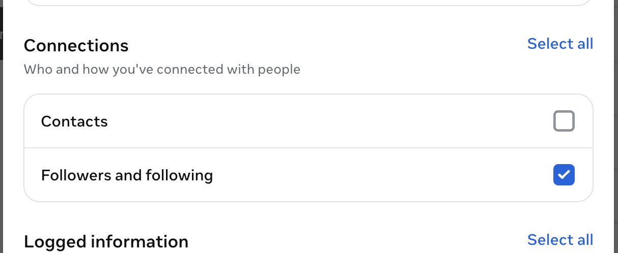 Instagram Connections section with only "Followers and following" ticked