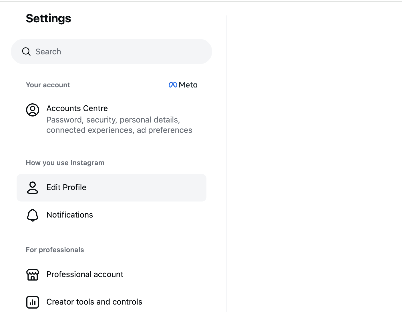 Instagram Settings screen with the Accounts Centre option near the top