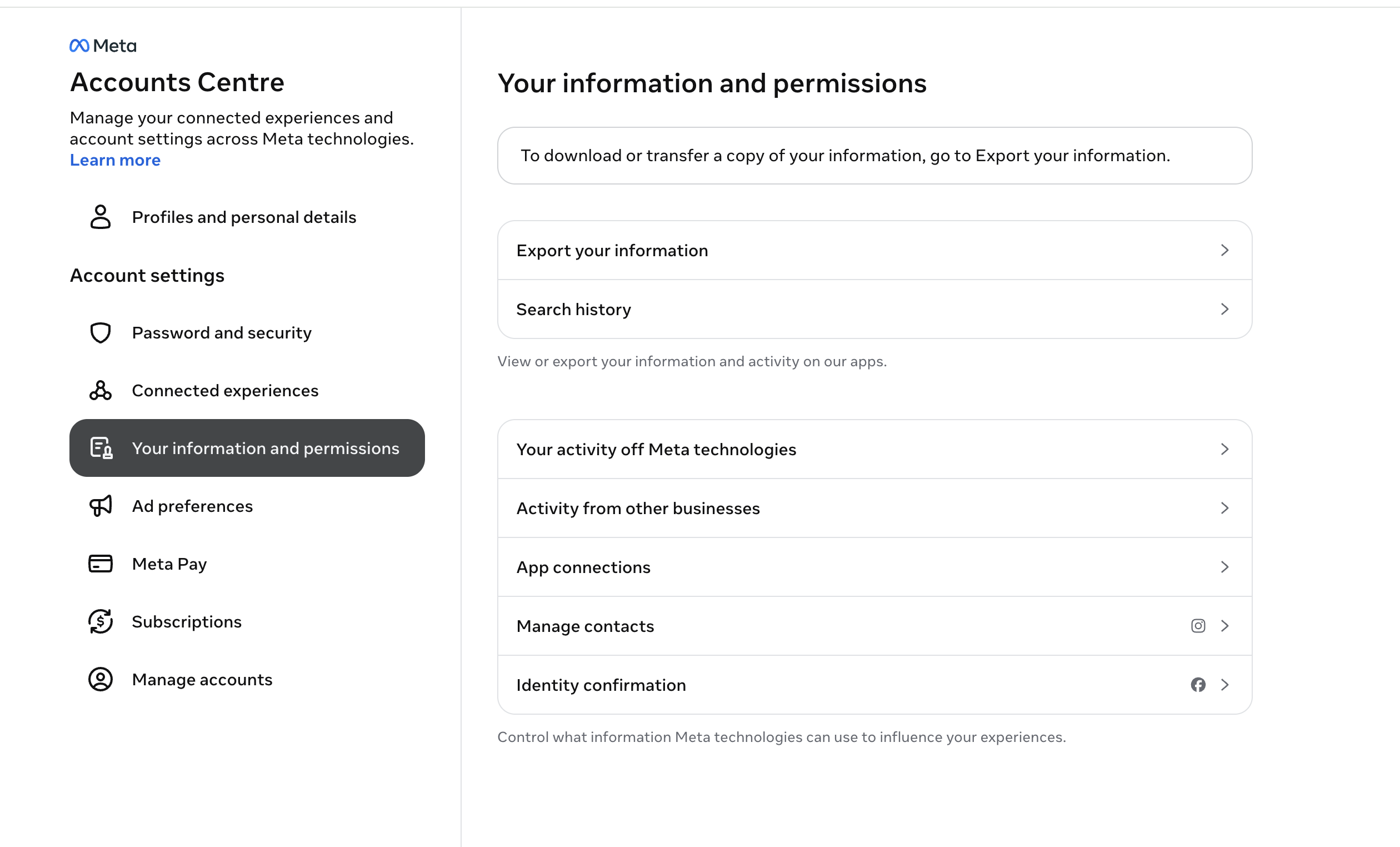 Meta Accounts Centre showing the Your information and permissions menu with Export your information highlighted