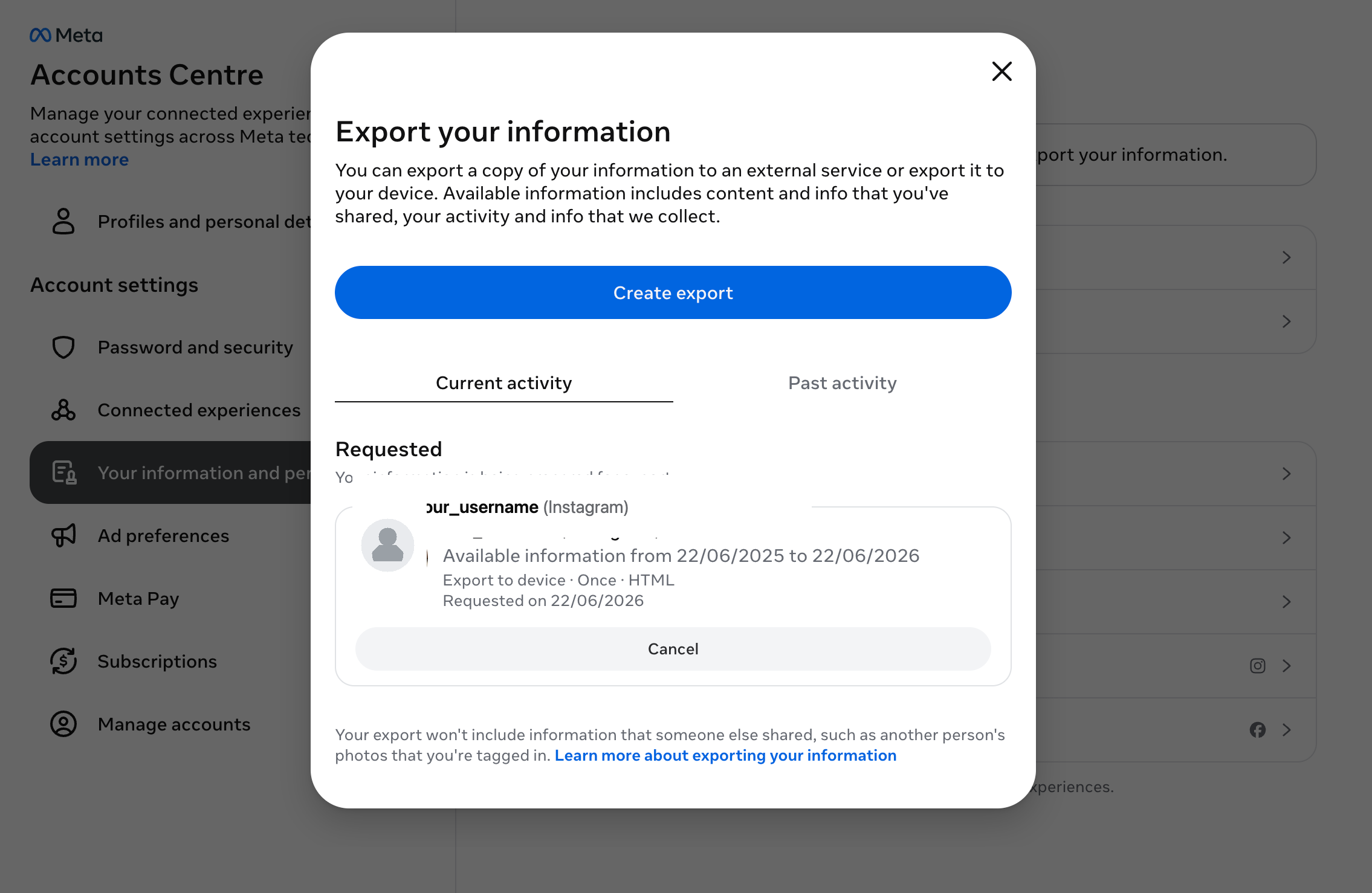 Instagram Export your information window with a download request being prepared